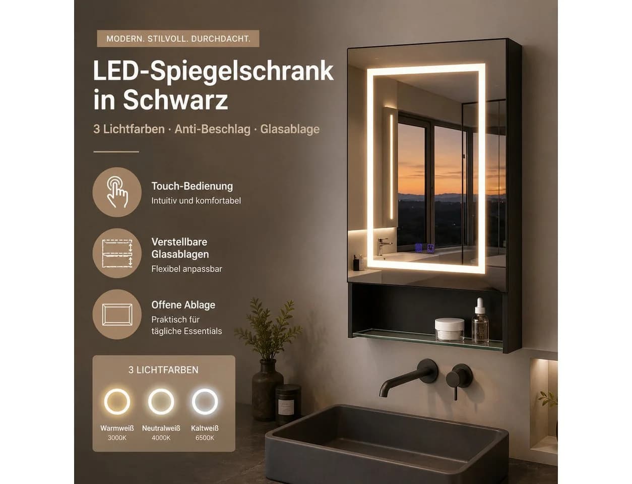 Simurq Badezimmerspiegelschrank LED Schwarz 1-türig Anti-Beschlag - Bild 3