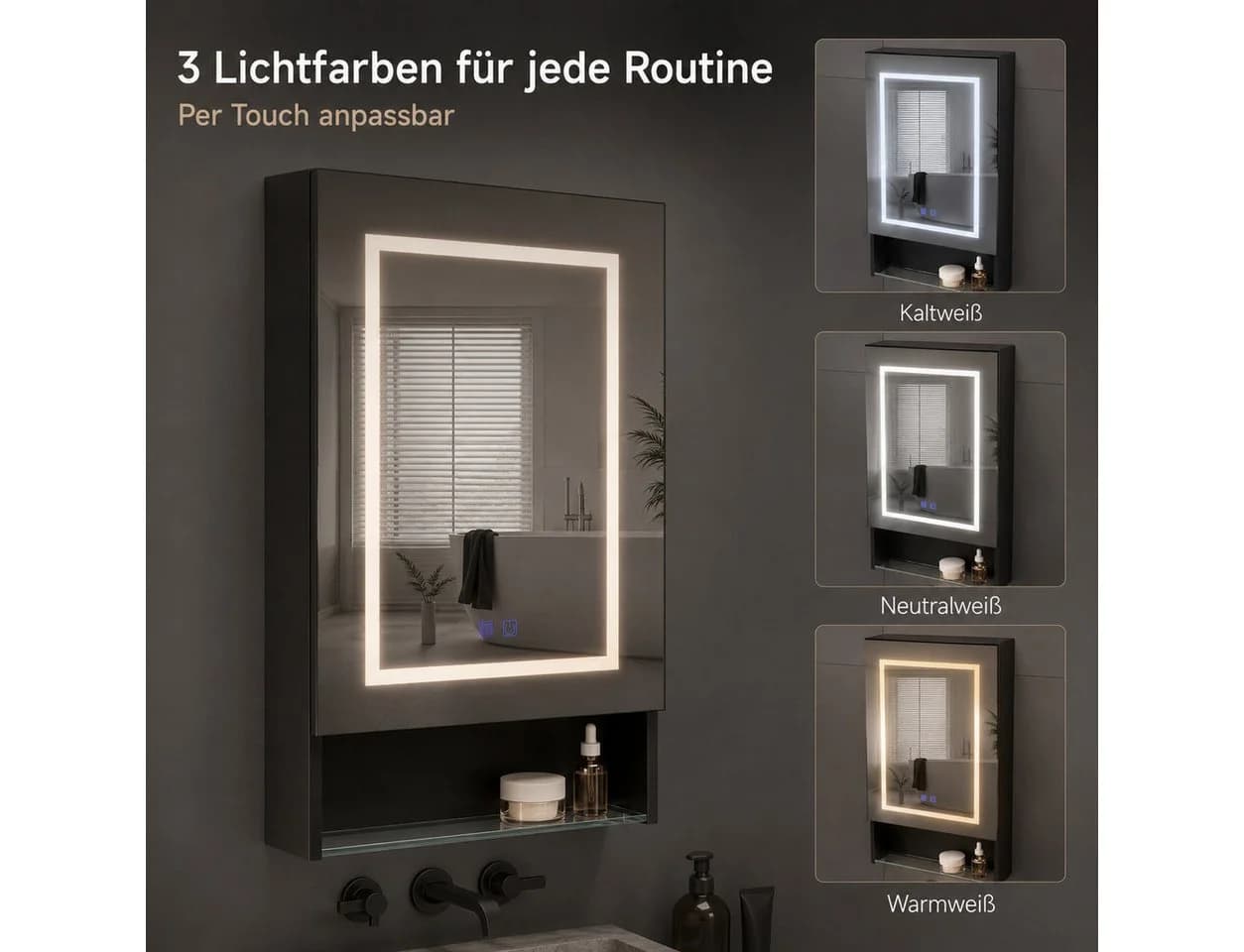 Simurq Badezimmerspiegelschrank LED Schwarz 1-türig Anti-Beschlag - Bild 4