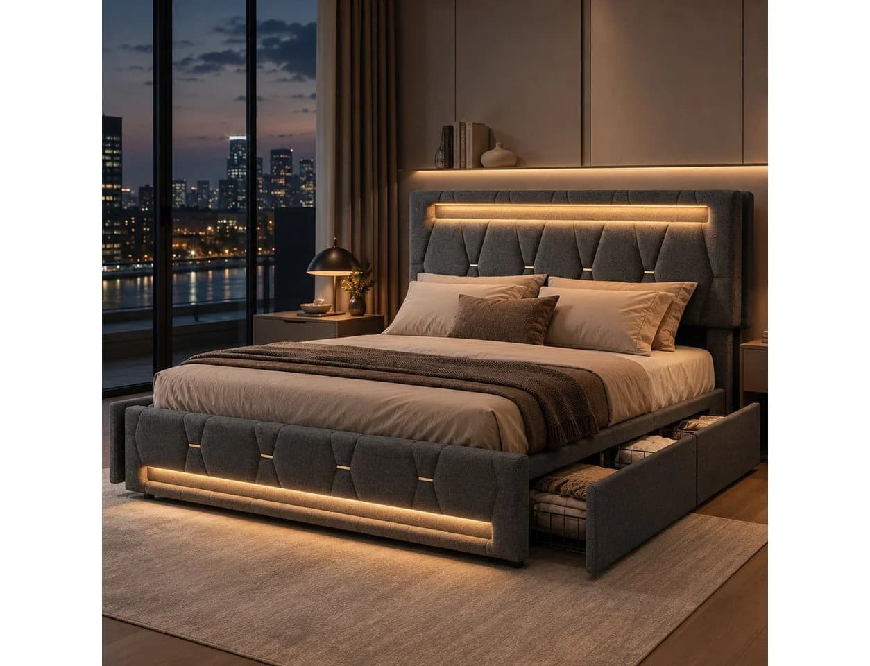 Simurq Polsterbett 140x200 Grau mit LED, Schubladen & Ladebuchse - Bild 2