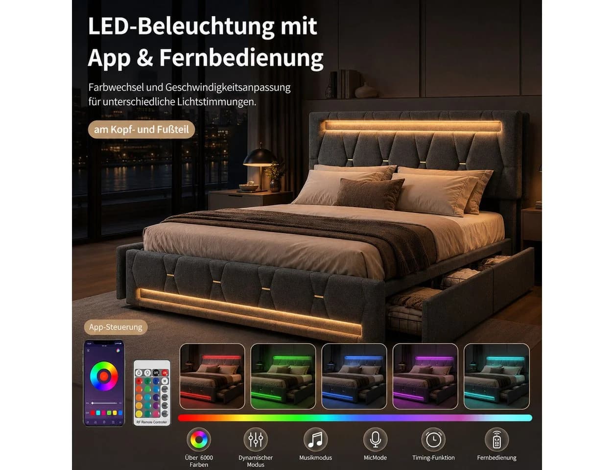 Simurq Polsterbett 140x200 Grau mit LED, Schubladen & Ladebuchse - Bild 4