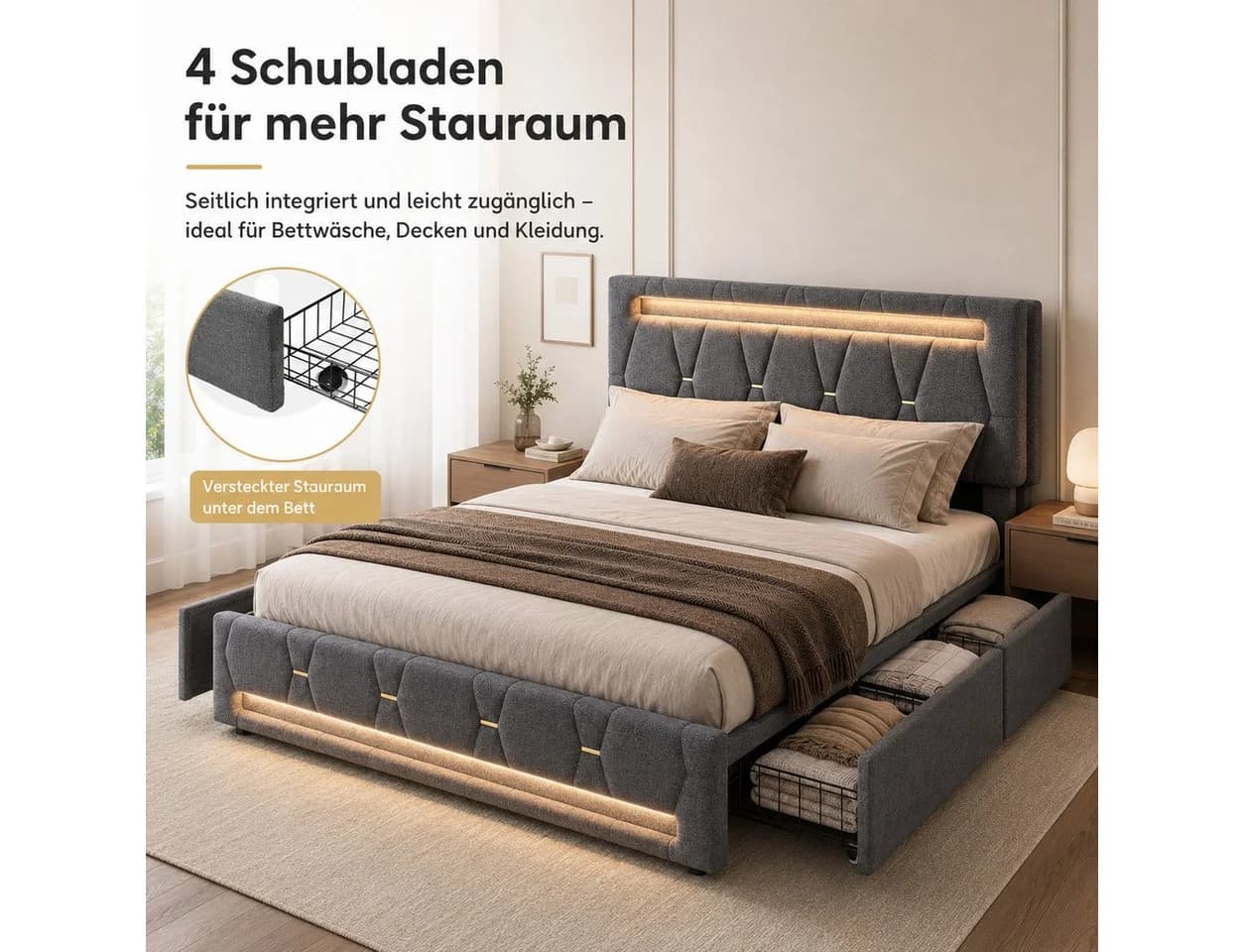 Simurq Polsterbett 140x200 Grau mit LED, Schubladen & Ladebuchse - Bild 5