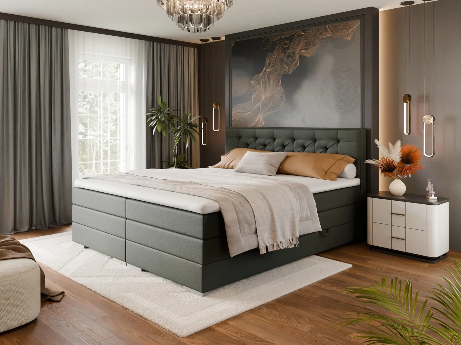 FORTE Boxspringbett Lanciano mit Bettkasten & Topper Dunkelgrau
