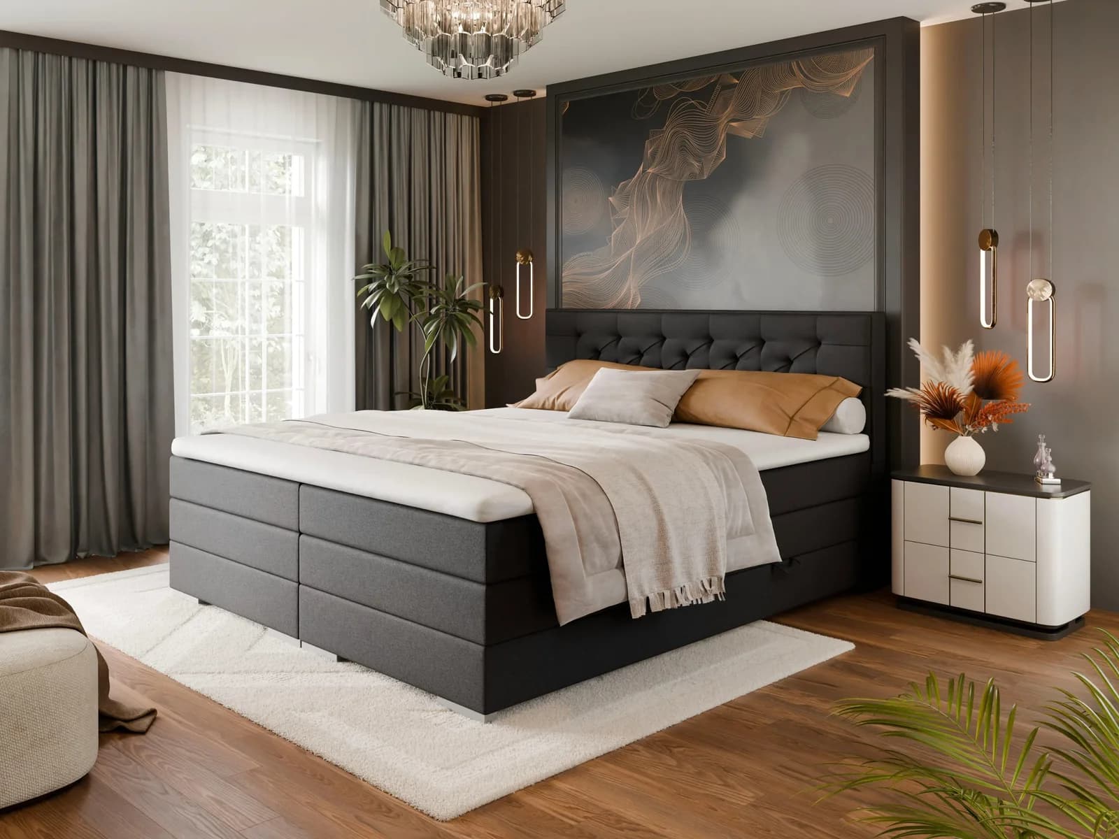 FORTE Boxspringbett Lanciano mit Bettkästen & Topper Anthrazit