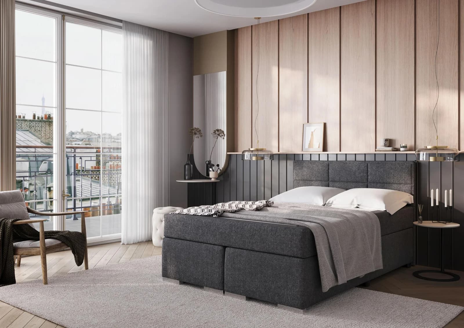 FORTE Boxspringbett ONE Dunkelgrau mit 7-Zonen-Matratze und Topper