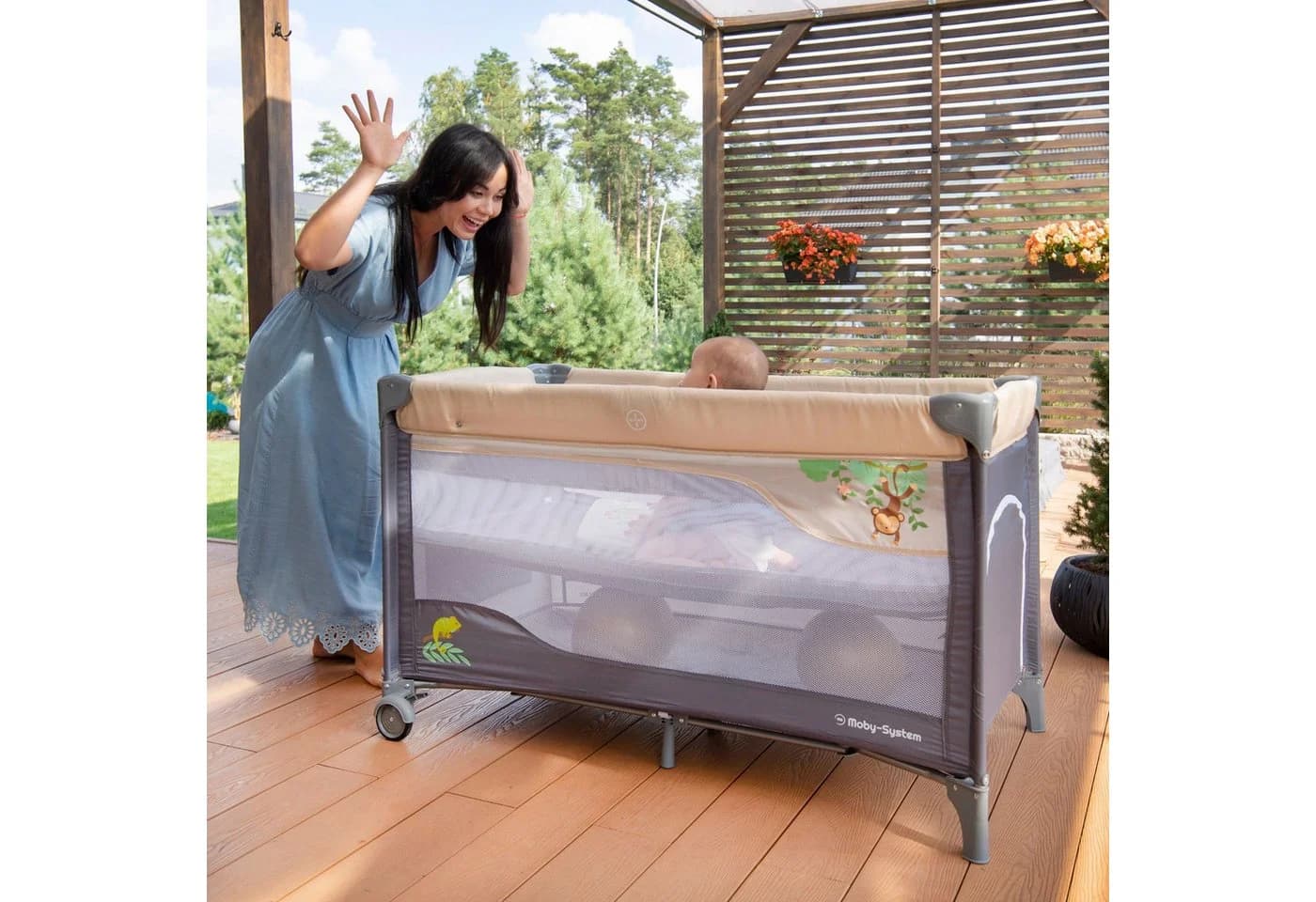 Moby-System Baby-Reisebett HUXLEY Grau mit Wickelfläche und Transporttasche