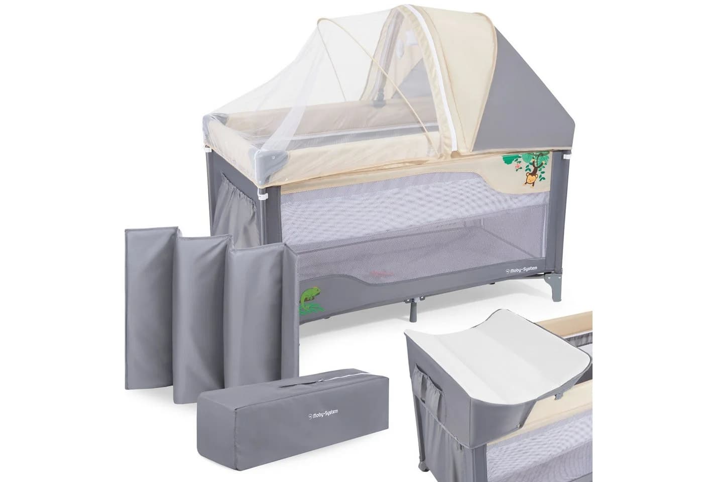 Moby-System Baby-Reisebett HUXLEY Grau mit Wickelfläche und Transporttasche - Bild 2