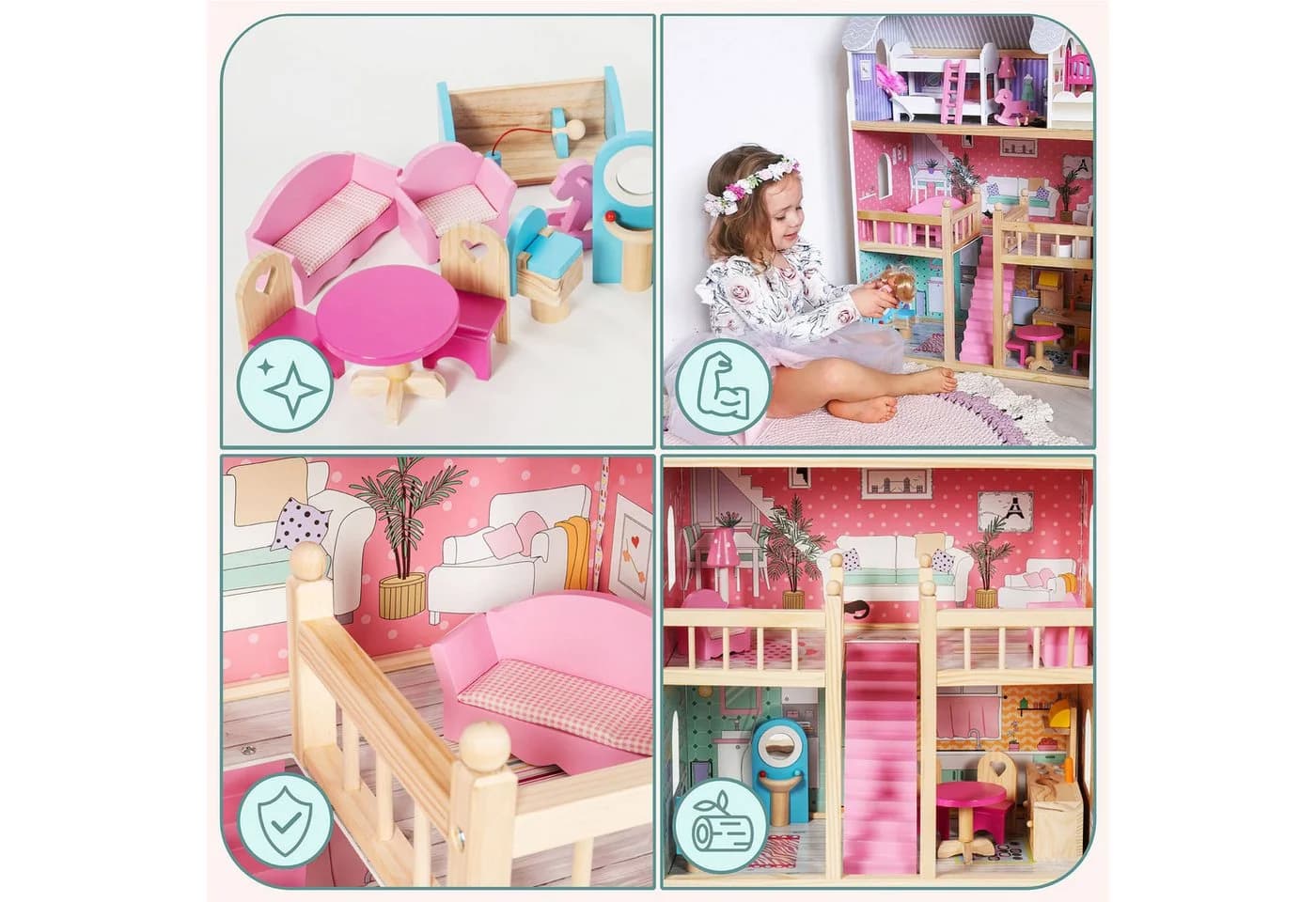 Mamabrum Puppenhaus 3-stöckig Holz mit LED und Möbelset - Bild 3