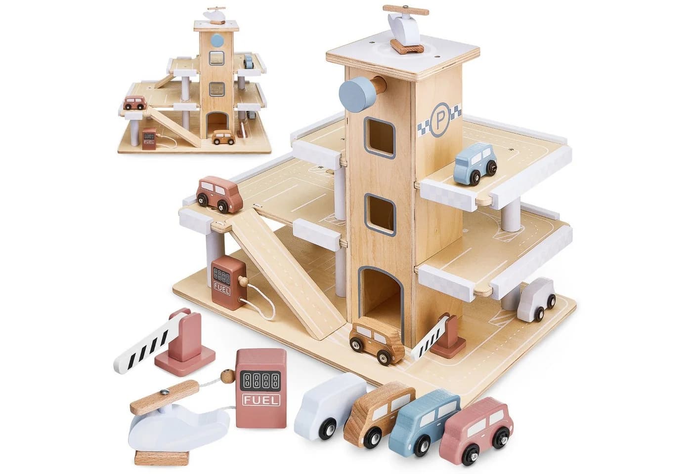 Mamabrum Spiel-Parkhaus aus Holz mit Autos und Hubschrauber - Bild 2