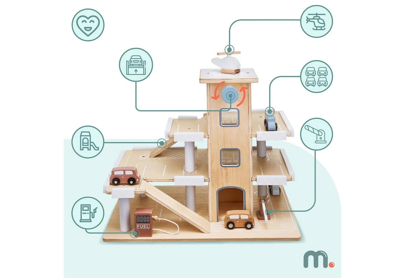 Mamabrum Spiel-Parkhaus aus Holz mit Autos und Hubschrauber - Bild 4