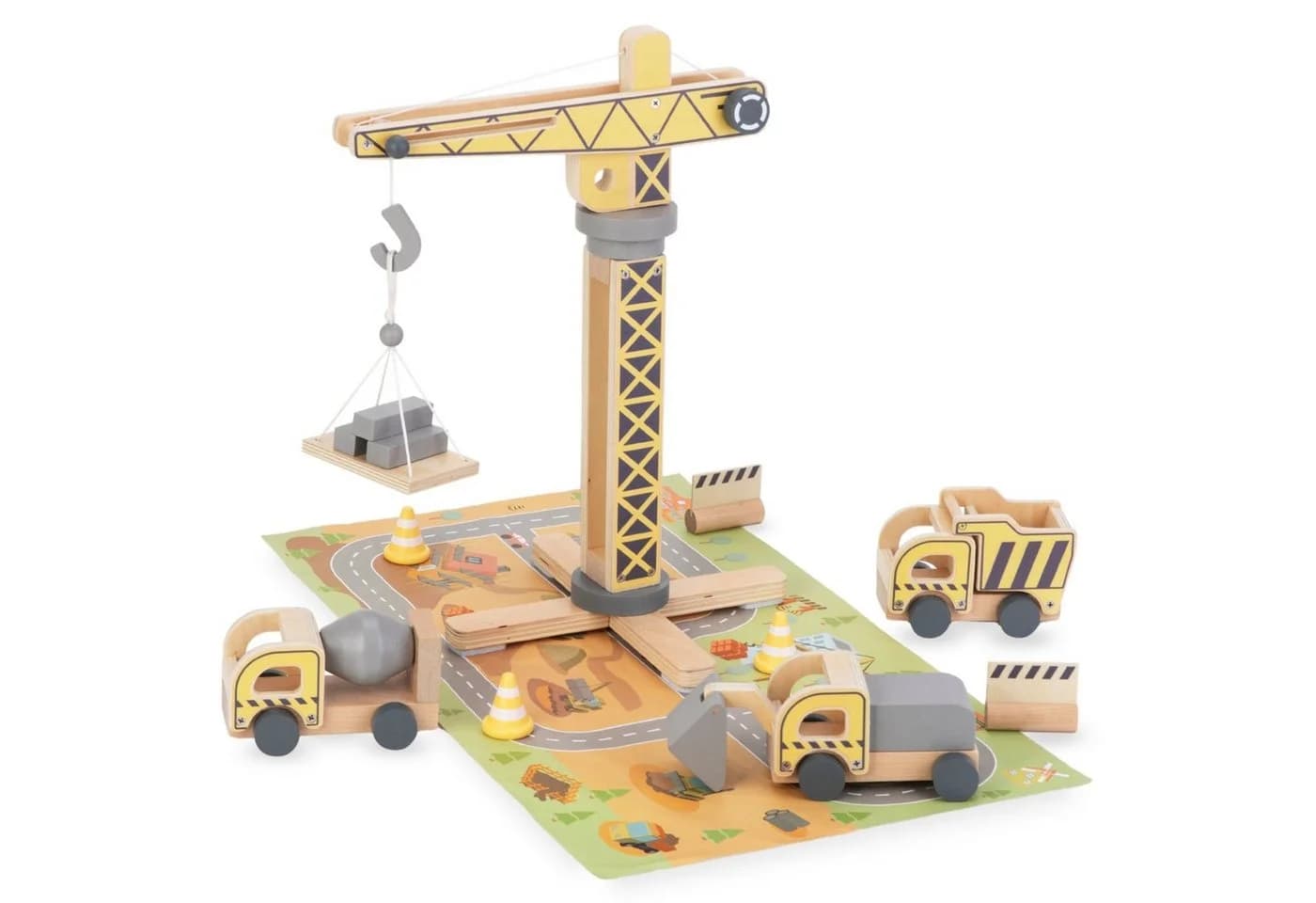 Mamabrum Baustellen-Spielzeugset mit Holzkran und 3 Fahrzeugen - Bild 2
