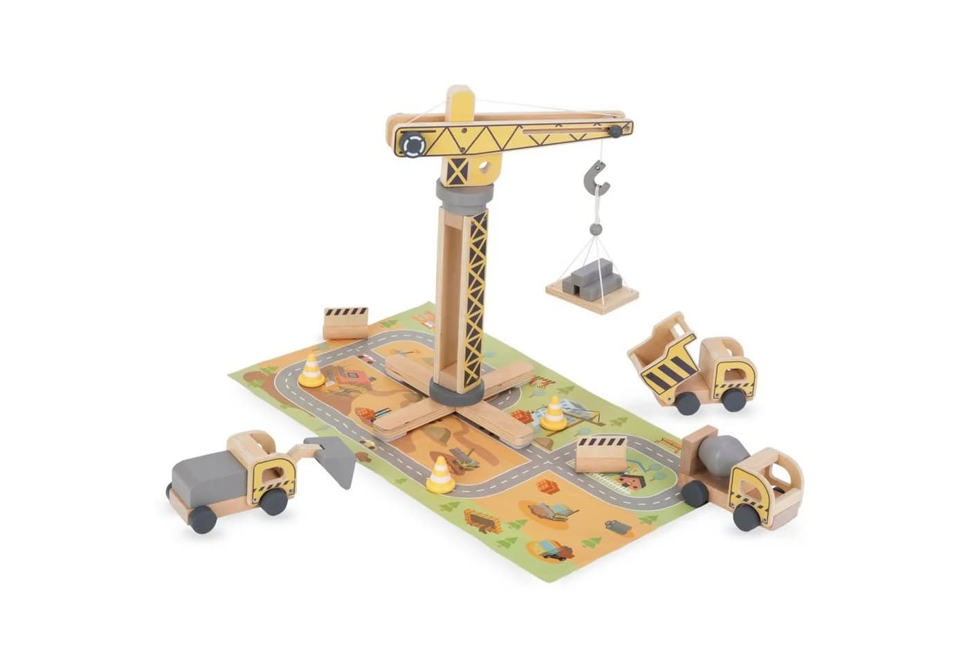 Mamabrum Baustellen-Spielzeugset mit Holzkran und 3 Fahrzeugen - Bild 5