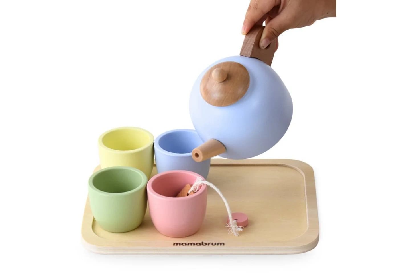 Mamabrum Kinder-Küchenset Teeservice aus Holz mit Tablett - 7 Teilig Bunt