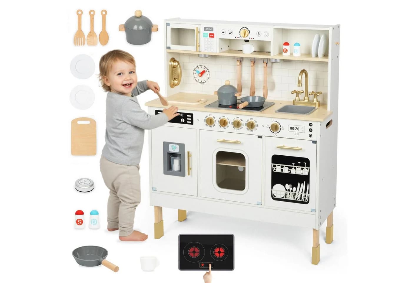 Mamabrum Kinder-Küchenset Holzküche Interaktiv XXL Beige/Weiß - Bild 2