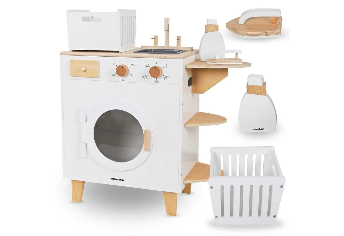 Mamabrum Kinder-Waschmaschine aus Holz – Spielset mit Bügeleisen und Wäschekorb - Bild 2