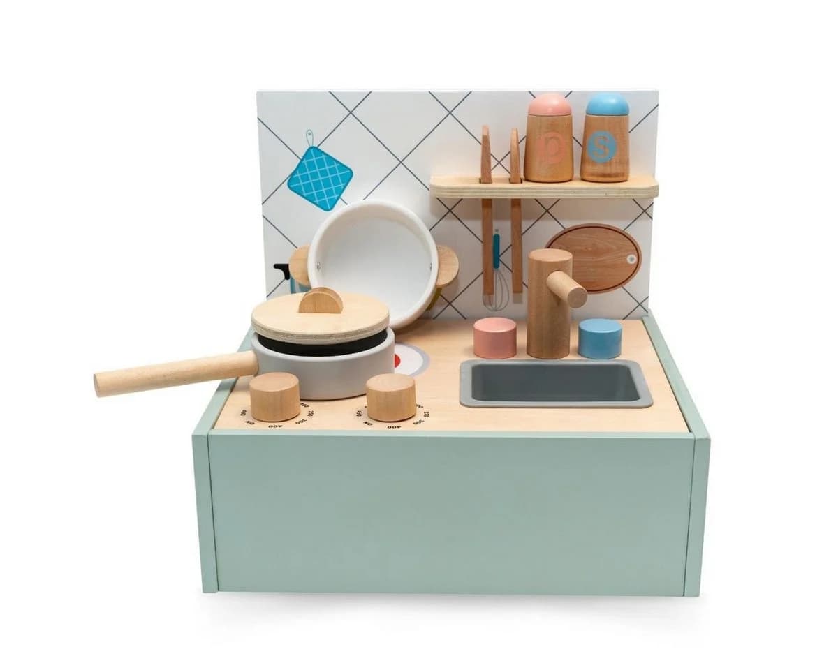Mamabrum Kinder-Küchenset Faltbare Holz-Spielküche mit Kochzubehör Beige/Grün - Bild 3