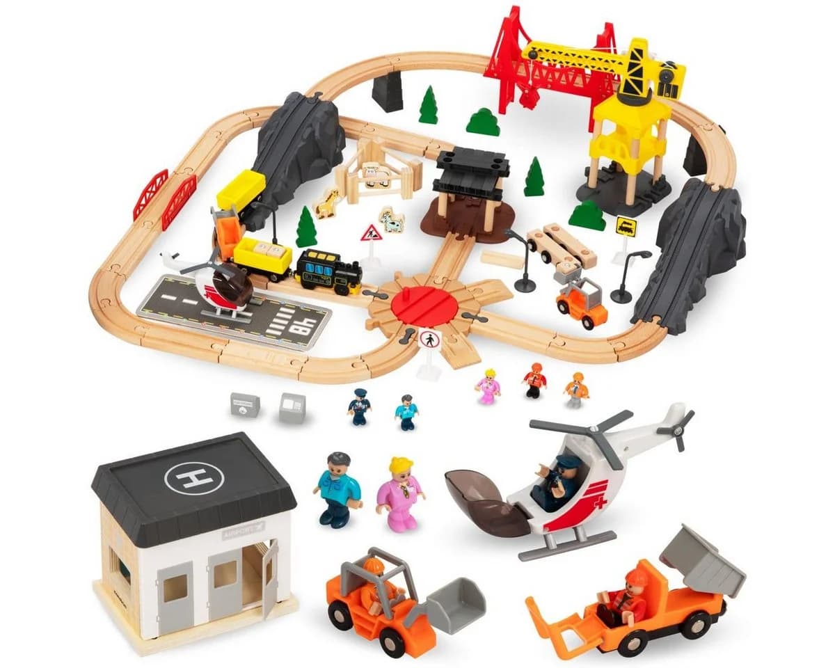 Mamabrum Holzeisenbahn-Set mit Flughafen, Kran & Elektro-Lok - Bild 2