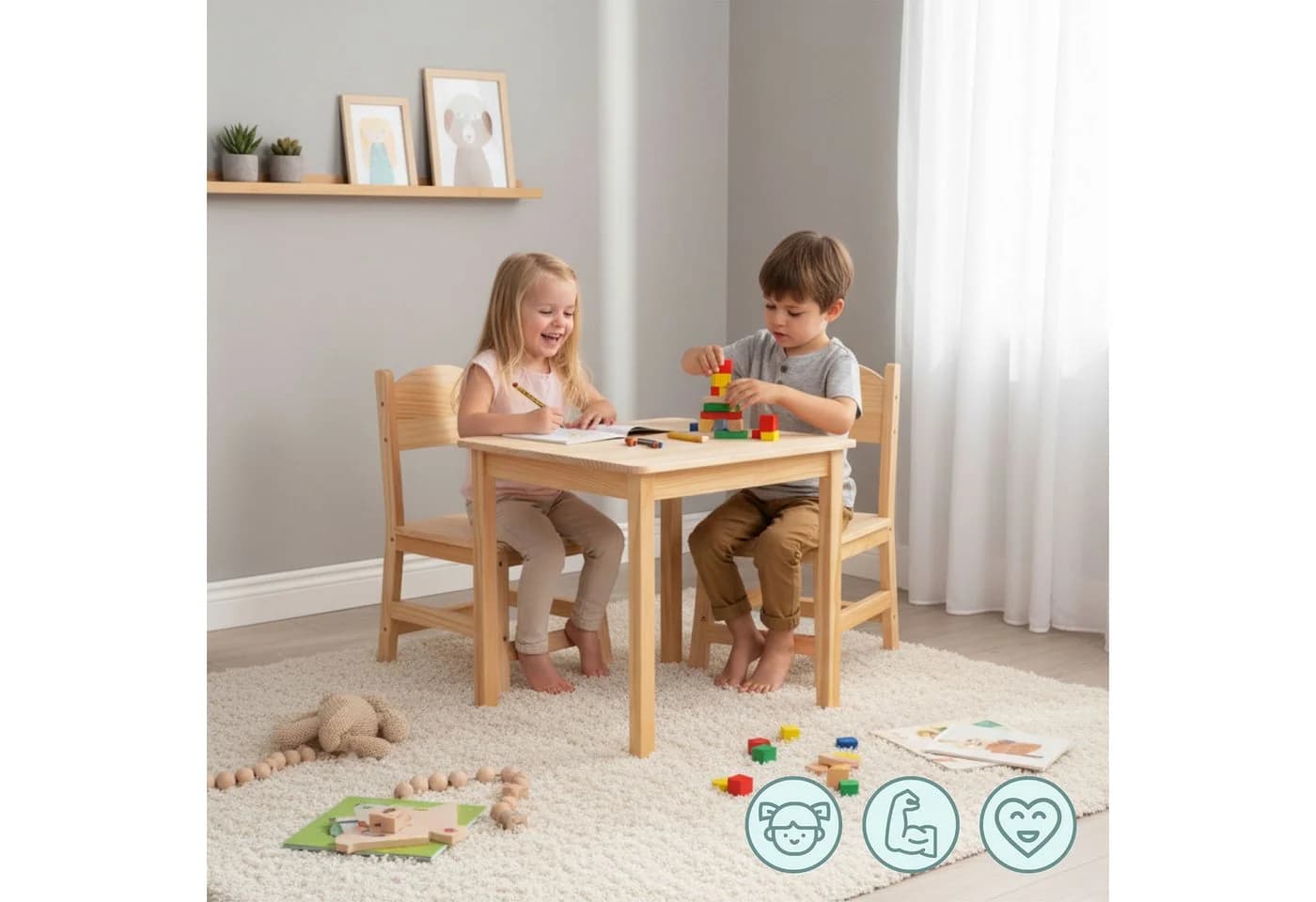Mamabrum Kinder-Tisch mit 2 Stühlen Kiefernholz Set ab 3 Jahre - Bild 3
