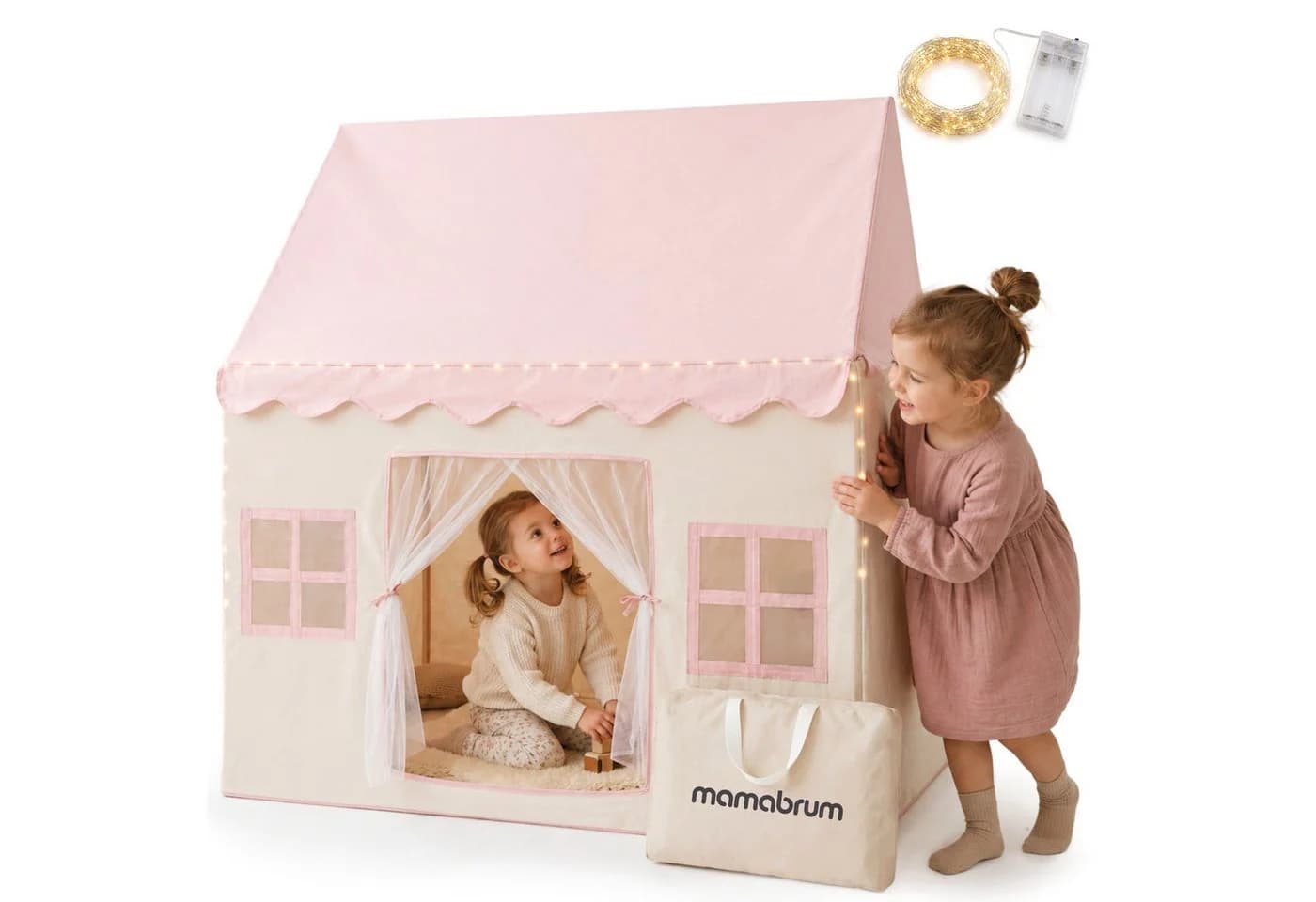 Mamabrum Kinderzelt XXL mit LED Lichterkette Rosa Beige - Bild 2