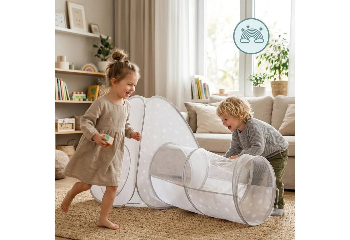 Mamabrum Spielzelt mit Tunnel Pop-Up Kinderzelt Grau Weiß - Bild 3