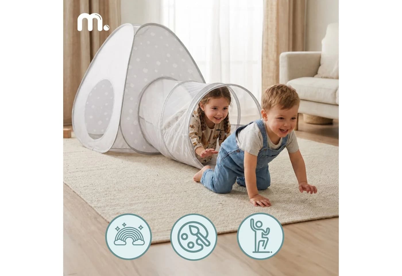 Mamabrum Spielzelt mit Tunnel Pop-Up Kinderzelt Grau Weiß - Bild 5