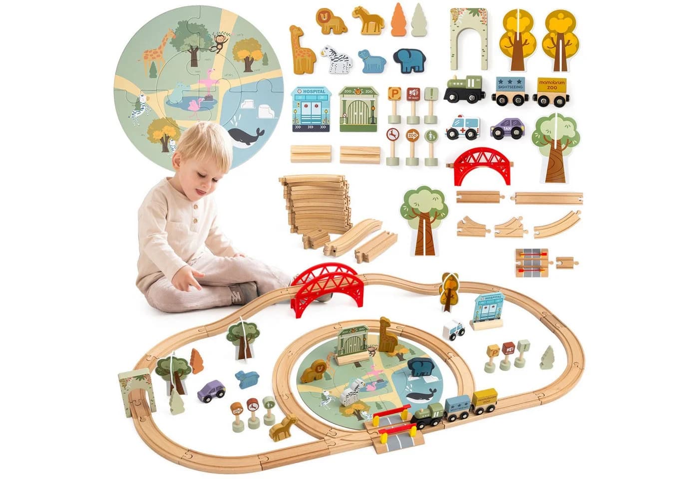 Mamabrum Holz-Zoo-Eisenbahnset mit Puzzle-Matte, Tieren & Brücke - Bild 2