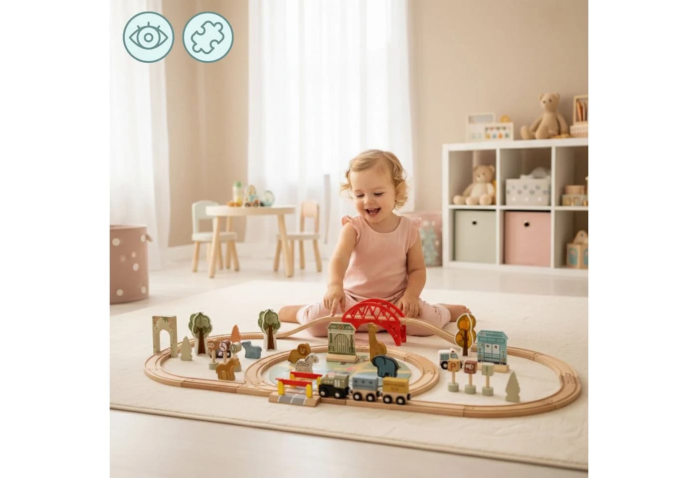 Mamabrum Holz-Zoo-Eisenbahnset mit Puzzle-Matte, Tieren & Brücke - Bild 3