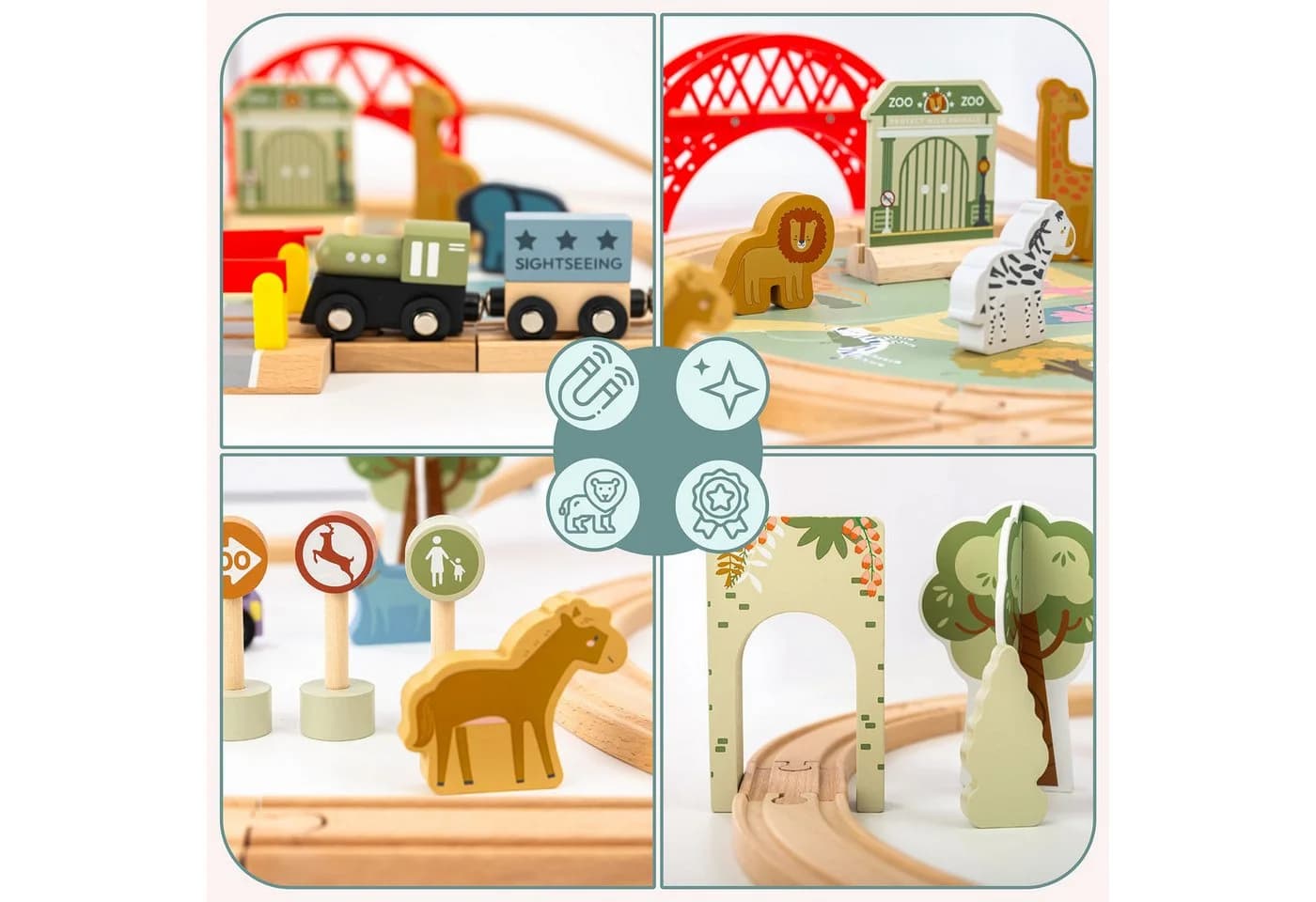 Mamabrum Holz-Zoo-Eisenbahnset mit Puzzle-Matte, Tieren & Brücke - Bild 4