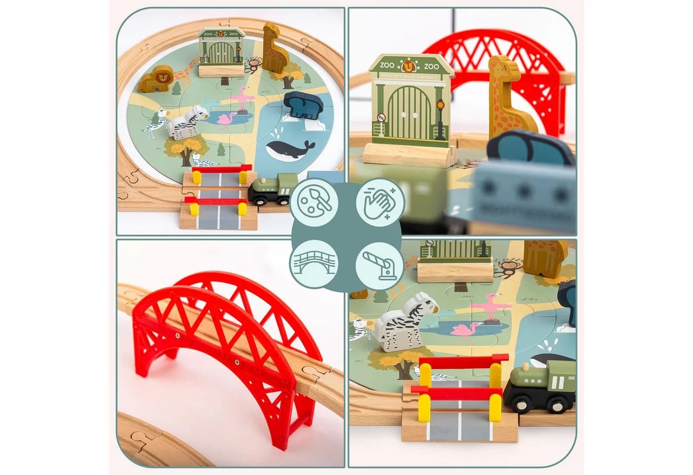 Mamabrum Holz-Zoo-Eisenbahnset mit Puzzle-Matte, Tieren & Brücke - Bild 5
