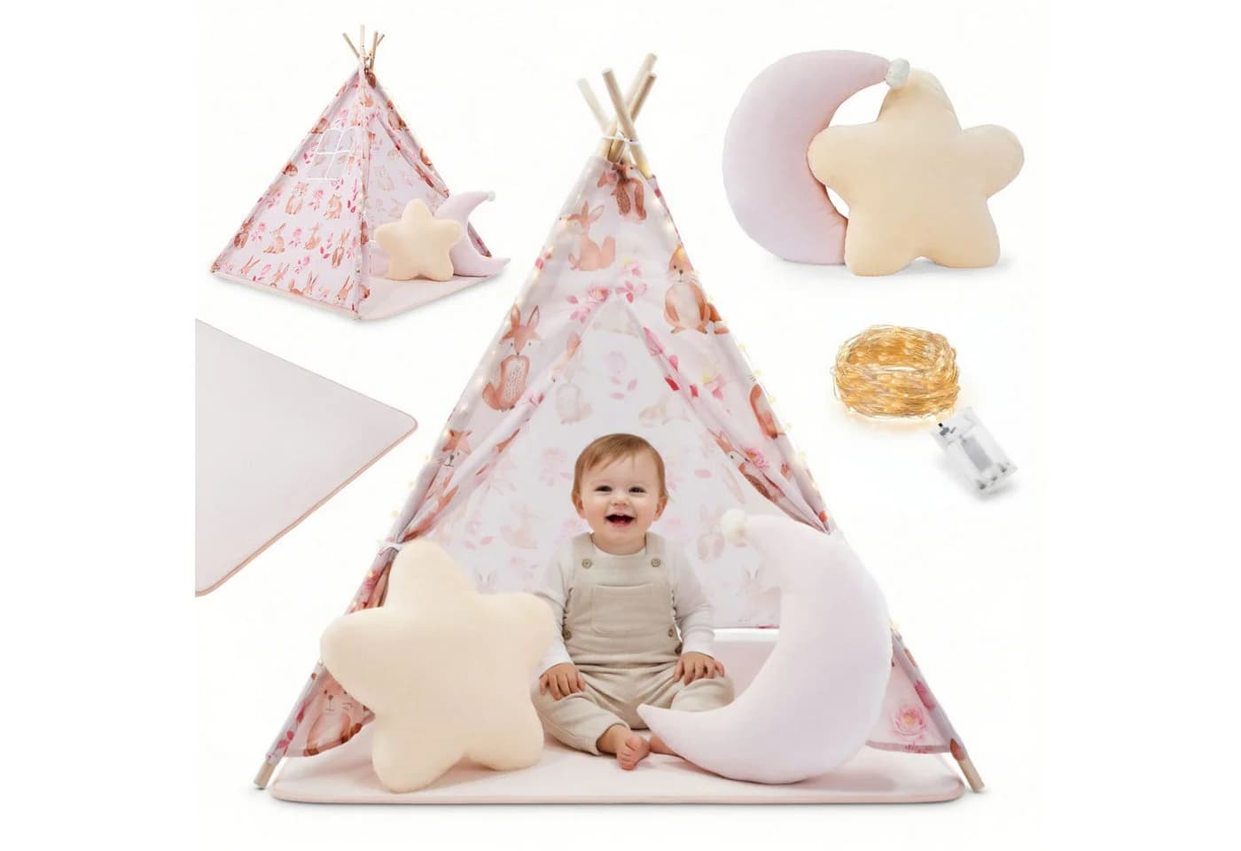 Mamabrum Kinder Tipi Zelt Rosa mit Matte, Kissen und LED - Bild 2