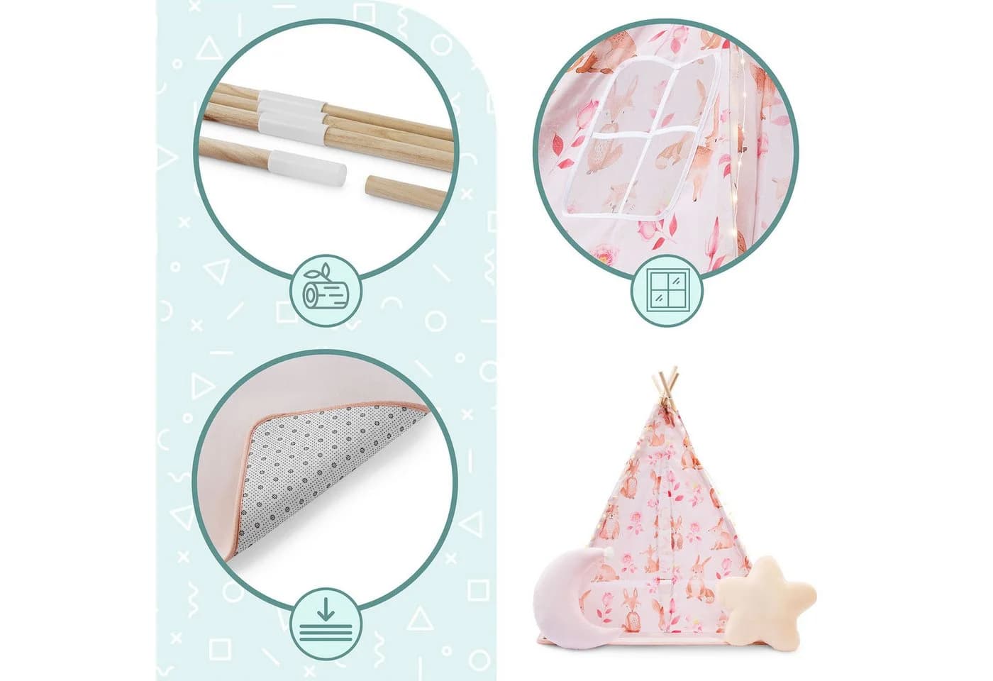 Mamabrum Kinder Tipi Zelt Rosa mit Matte, Kissen und LED - Bild 3
