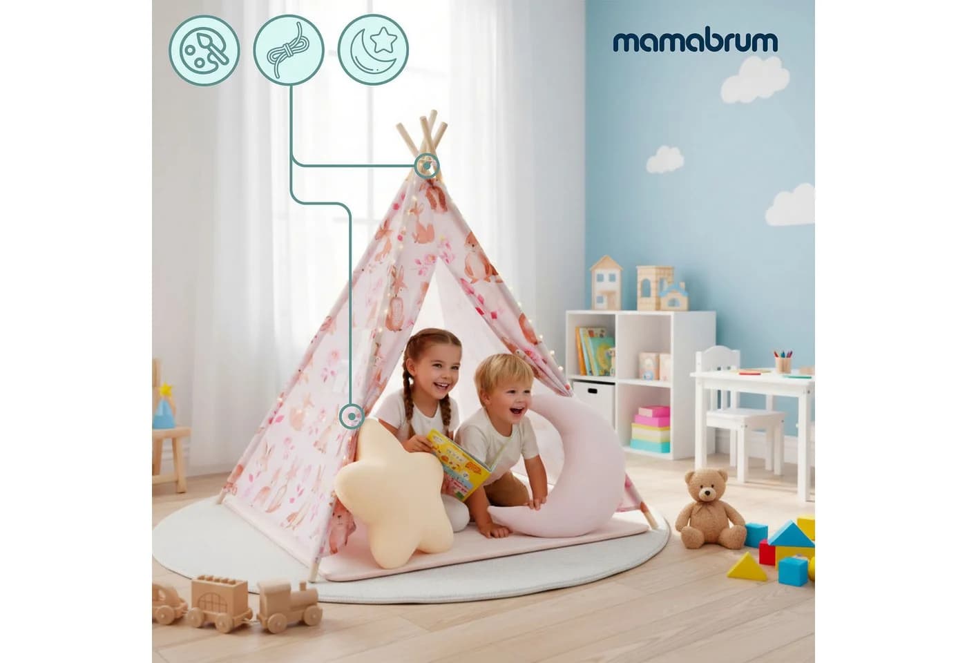 Mamabrum Kinder Tipi Zelt Rosa mit Matte, Kissen und LED - Bild 4