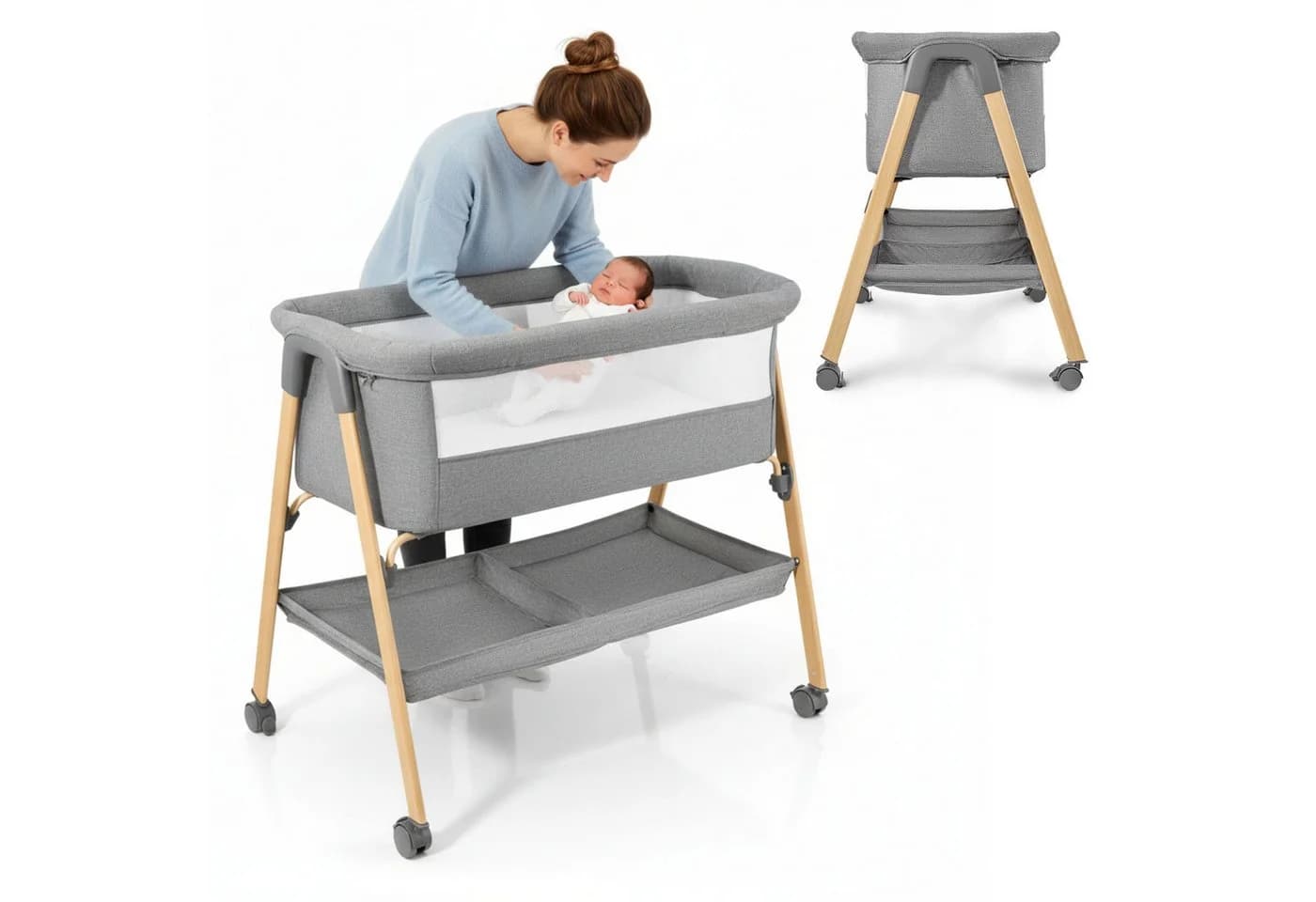 Moby-System Baby-Reisebett Babybett mit Matratze & Rollen – klappbar, grau - Bild 2