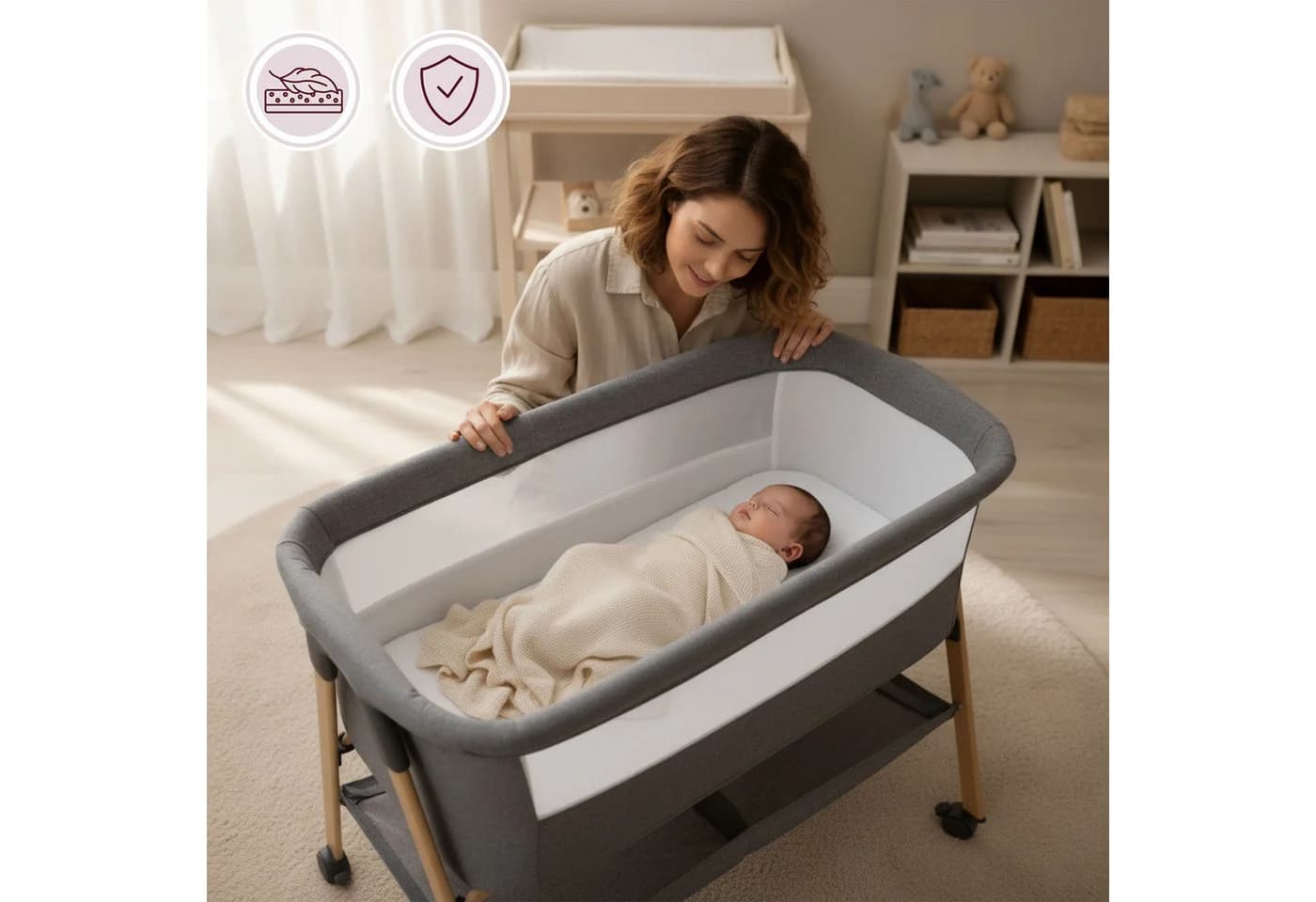 Moby-System Baby-Reisebett Babybett mit Matratze & Rollen – klappbar, grau - Bild 3