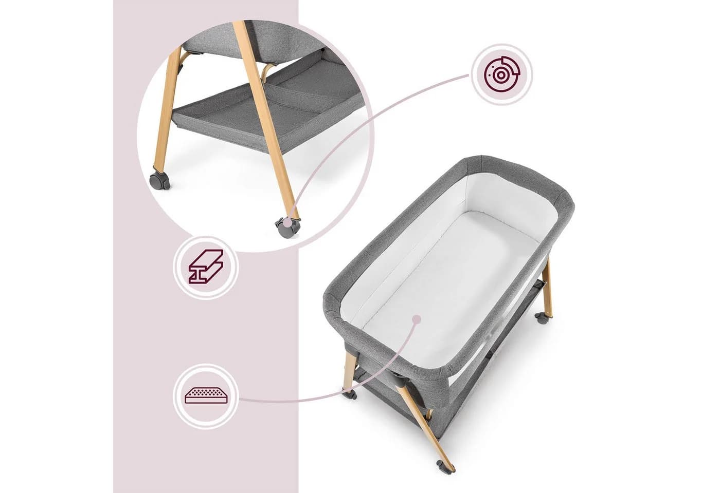 Moby-System Baby-Reisebett Babybett mit Matratze & Rollen – klappbar, grau - Bild 5