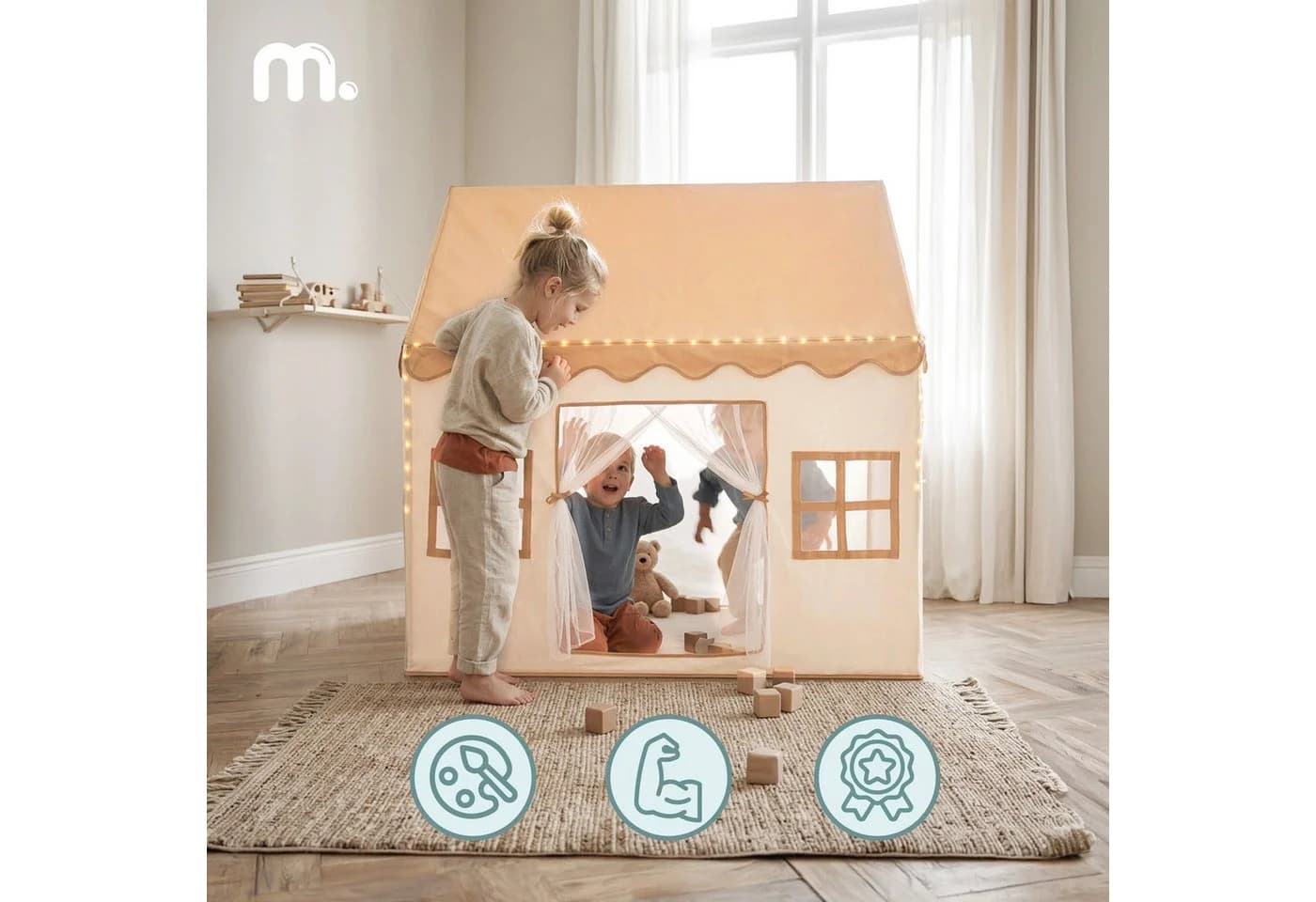 Mamabrum Kinderzelt XXL mit LED Lichterkette Beige Rosa