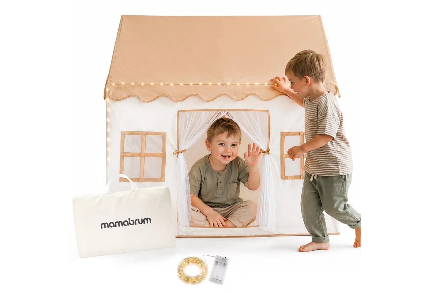 Mamabrum Kinderzelt XXL mit LED Lichterkette Beige Rosa - Bild 2