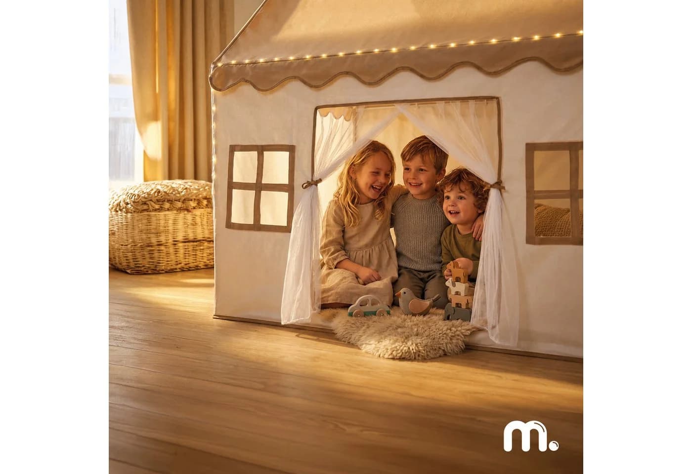 Mamabrum Kinderzelt XXL mit LED Lichterkette Beige Rosa - Bild 3