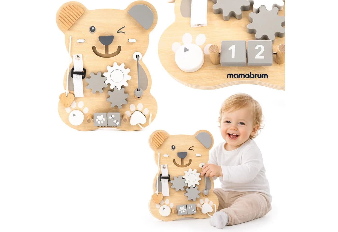 Mamabrum Motorikbrett Montessori Busy Board Holz 10in1 Lernspielzeug - Bild 2