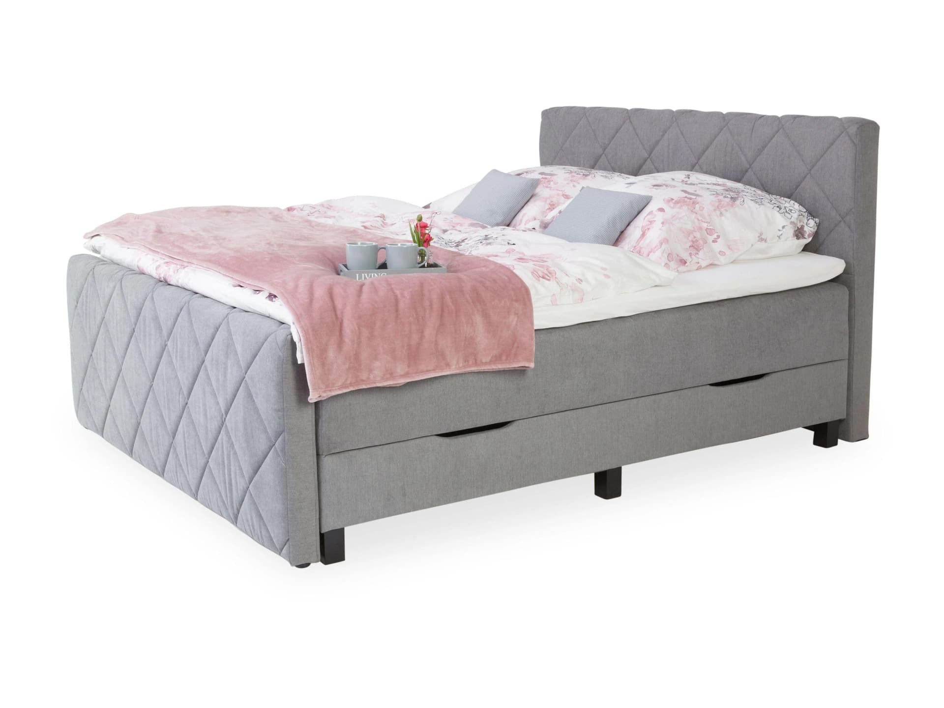 Boxspringbett CHESTER Grau mit Topper und Bettkasten