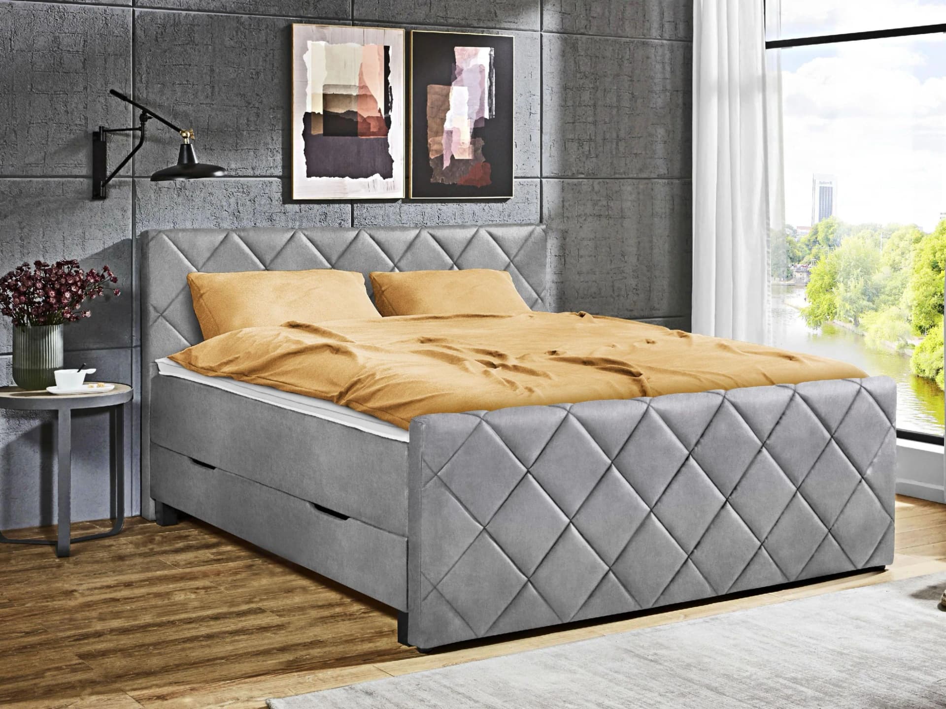 SUN GARDEN Boxspringbett CHESTER Grau mit Topper und Bettkasten