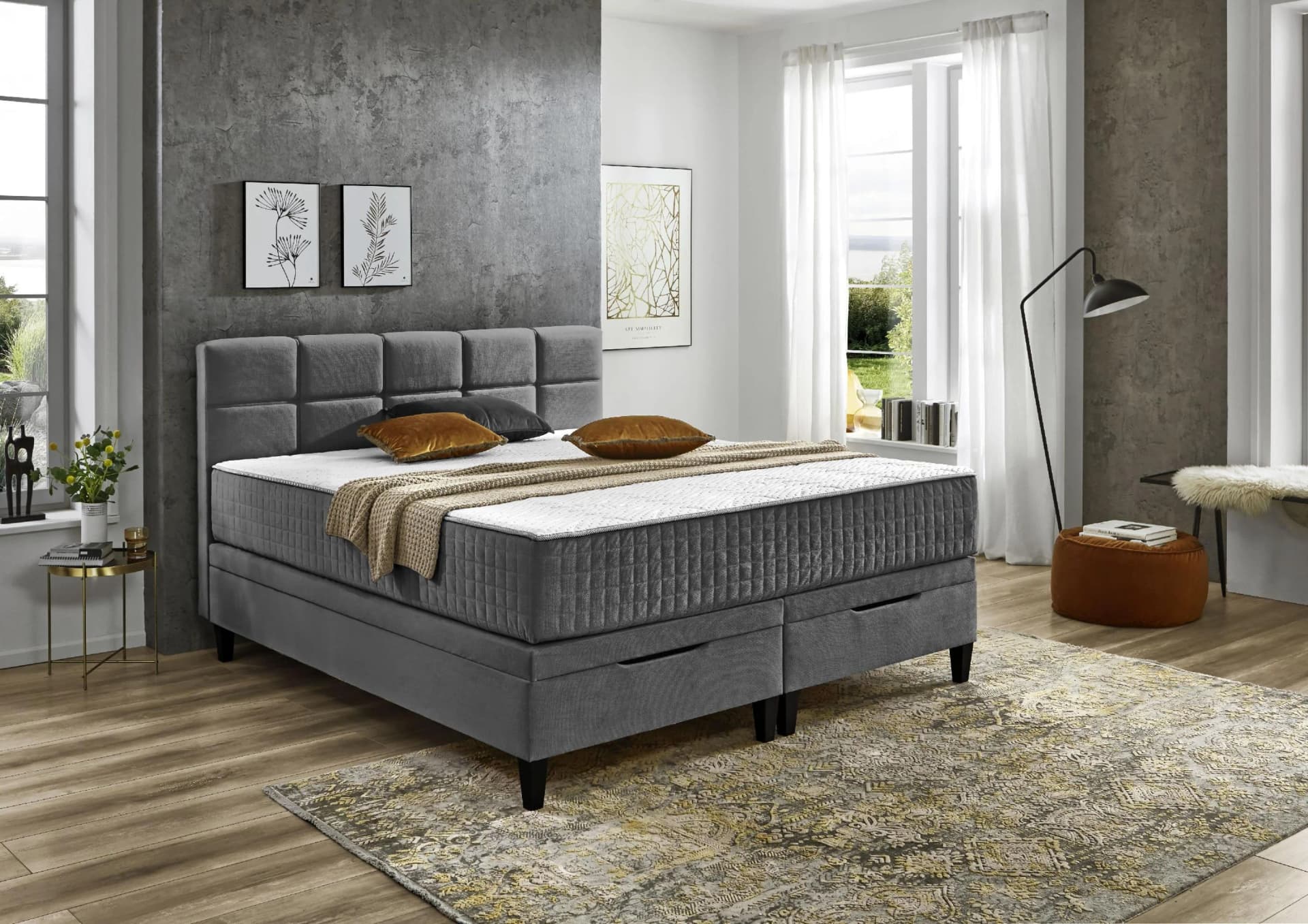 Boxbett HARPER SENDAI Grau 180x213 cm mit Bettkasten