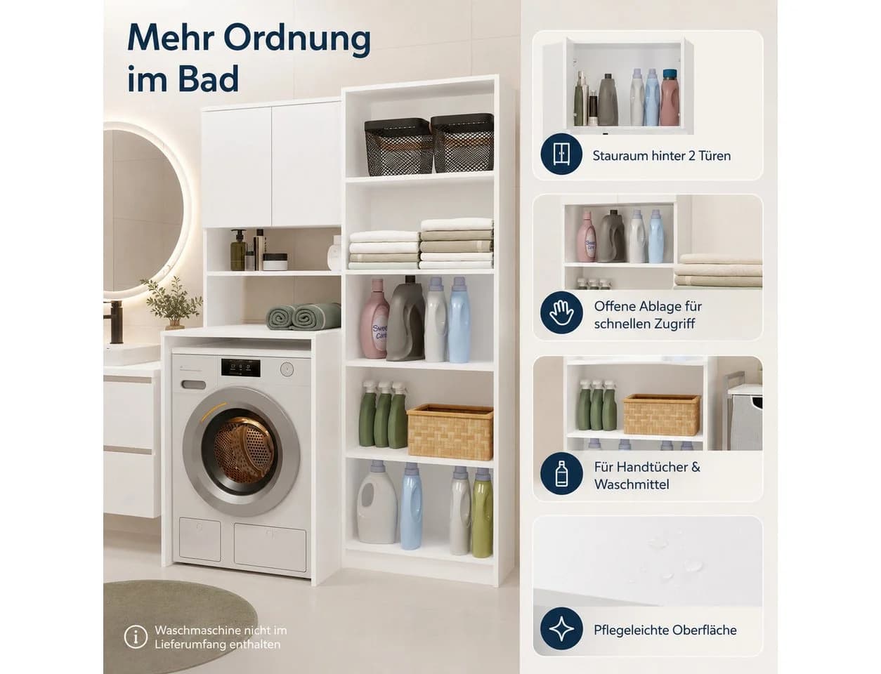 ibonto Waschmaschinenumbauschrank POLA Weiß mit Ablage - Bild 4