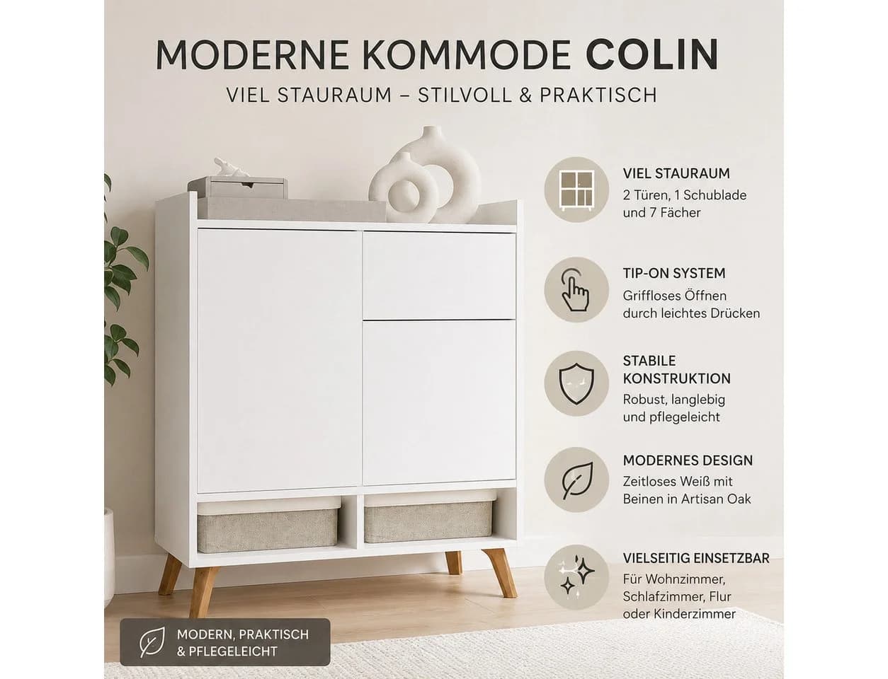 ibonto Kommode COLIN Weiß 80 cm mit 2 Türen 1 Schublade Skandi Design