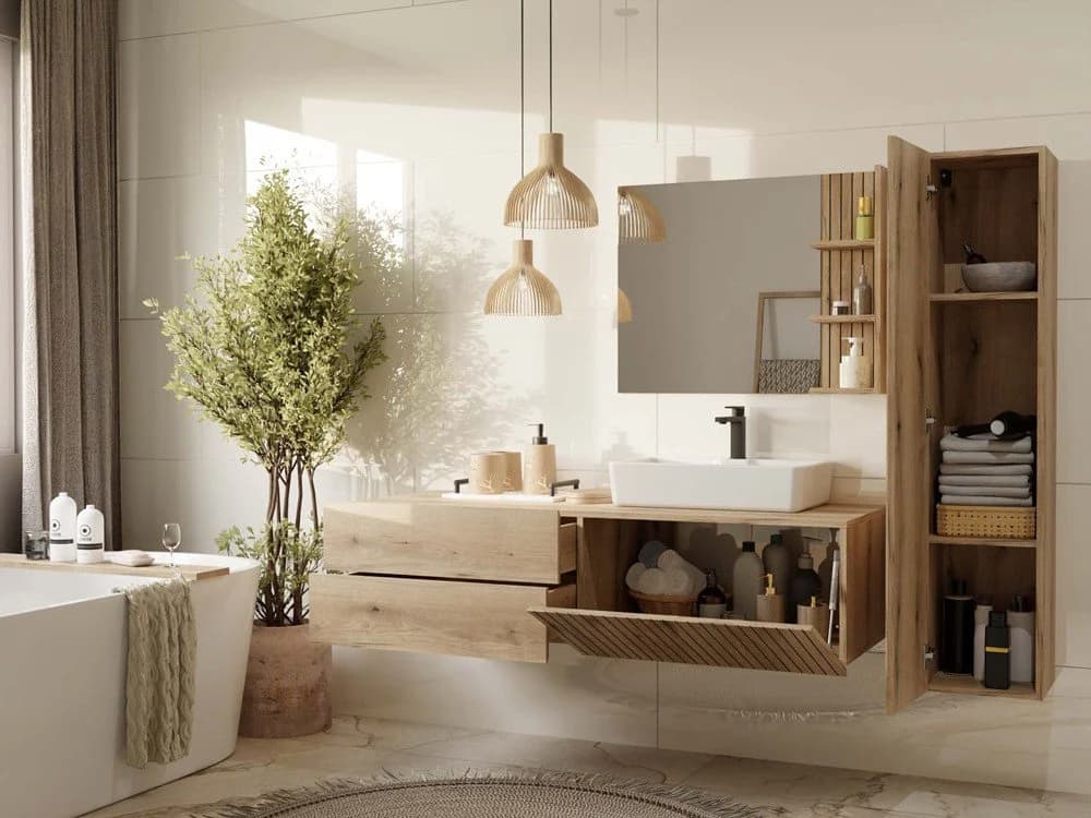 MAGOWA Badkommode Hängeschrank mit Riffelfront Beige - Bild 5