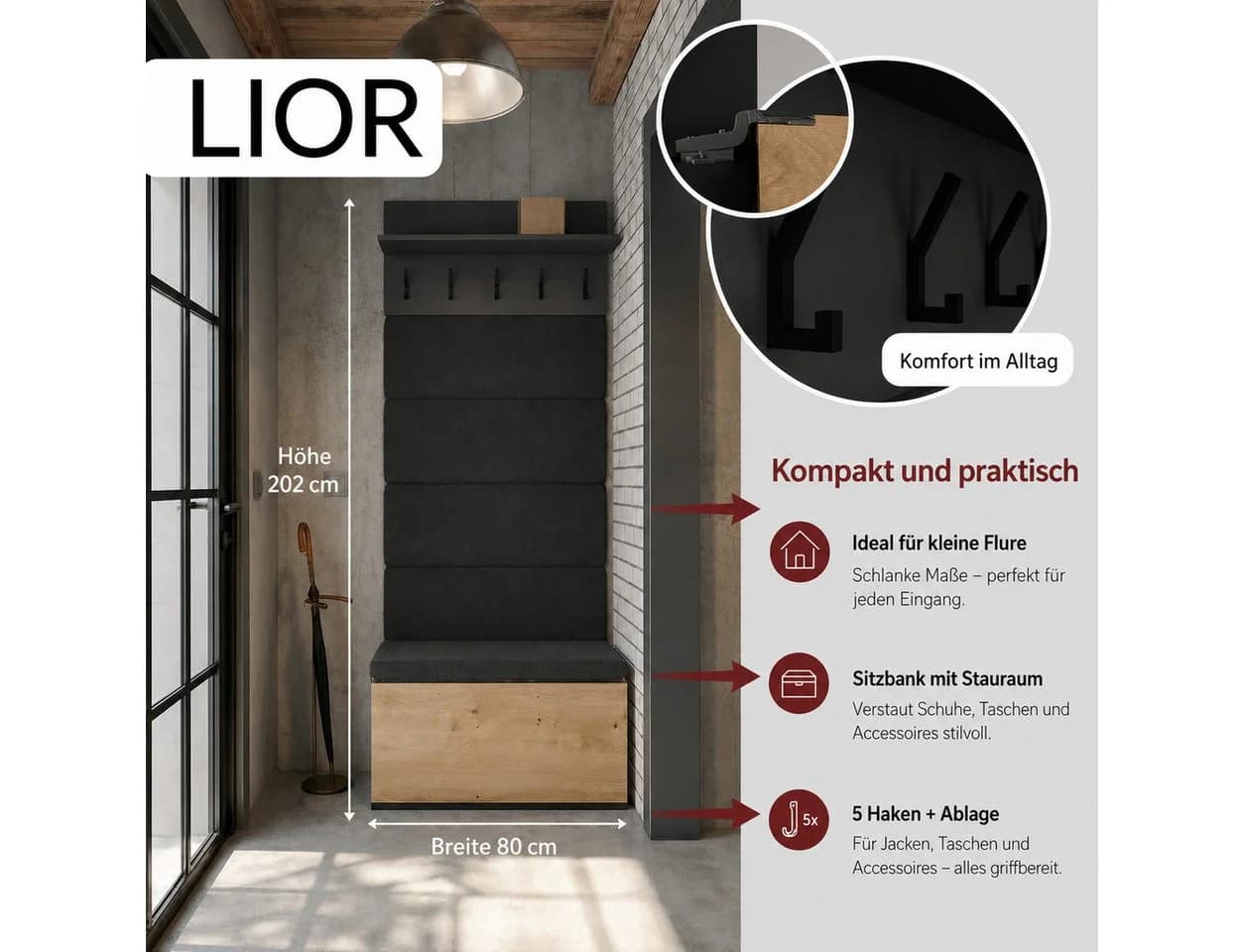 ibonto Garderobenschwarz Eiche mit Schuhschrank und Sitzbank - Bild 5