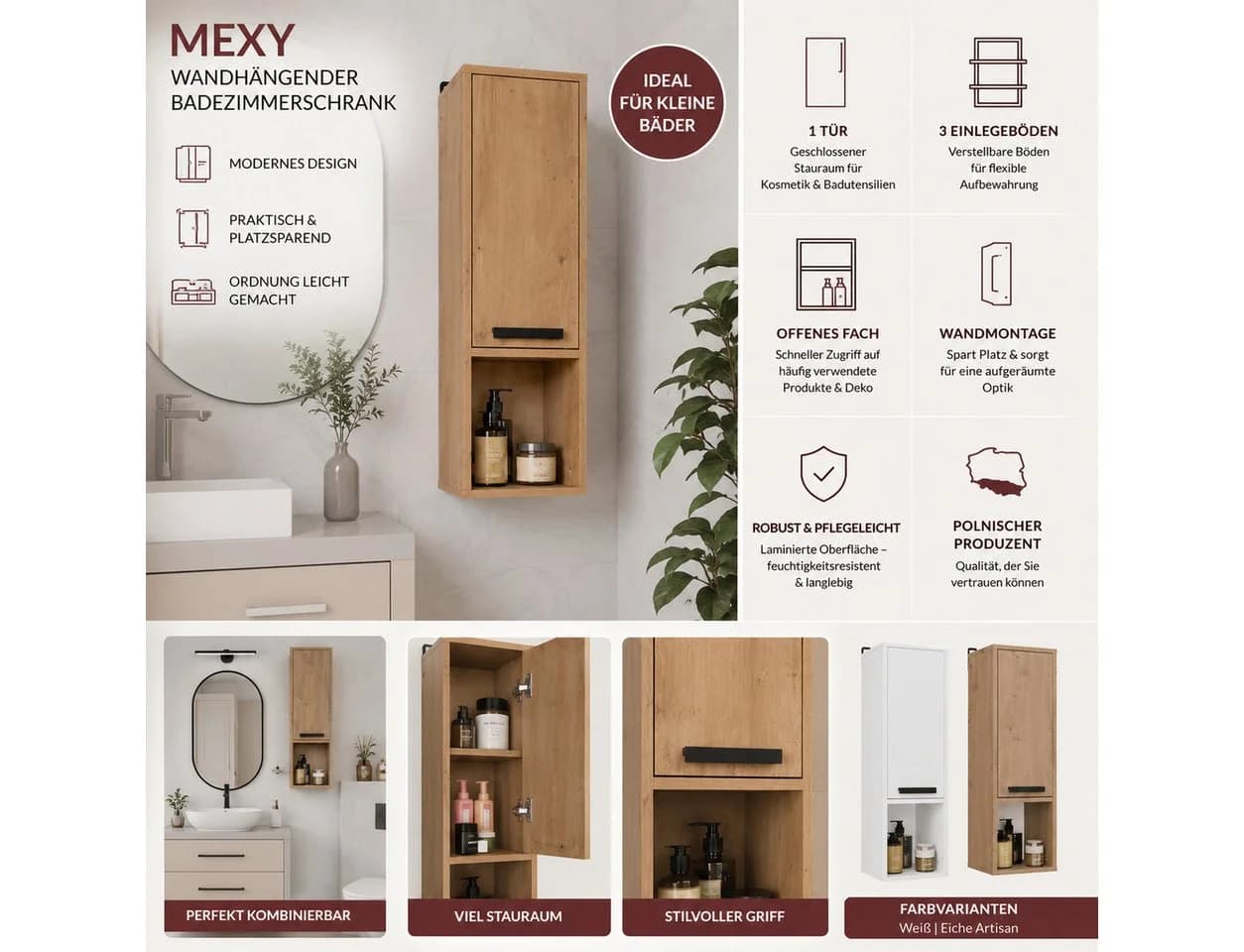 ibonto Wandhängeschrank MEXY W1D Bad Schmal 1 Tür - Bild 5