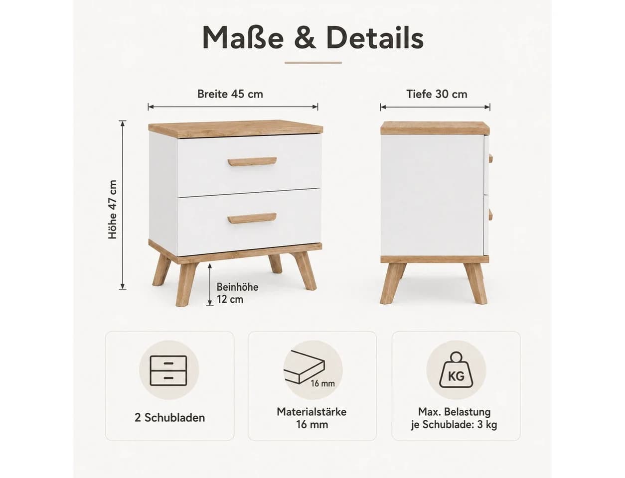 ibonto Nachttisch 2 Schubladen Weiß Eiche Artisan Holzbeine - Bild 4