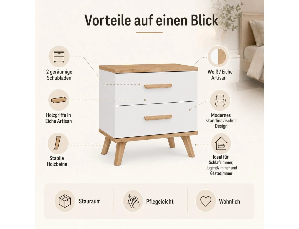 ibonto Nachttisch 2 Schubladen Weiß Eiche Artisan Holzbeine - Bild 5