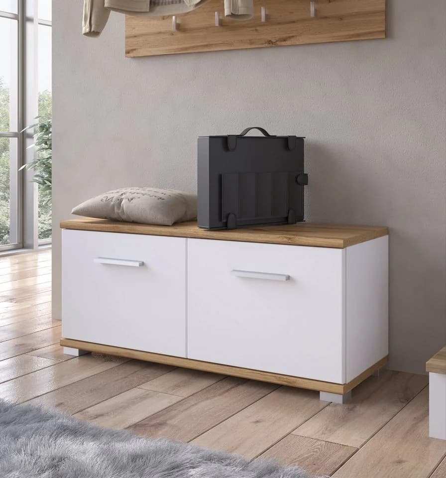 LIVING CHARM Sitzbank Weiß mit Stauraum und Sitzkissen