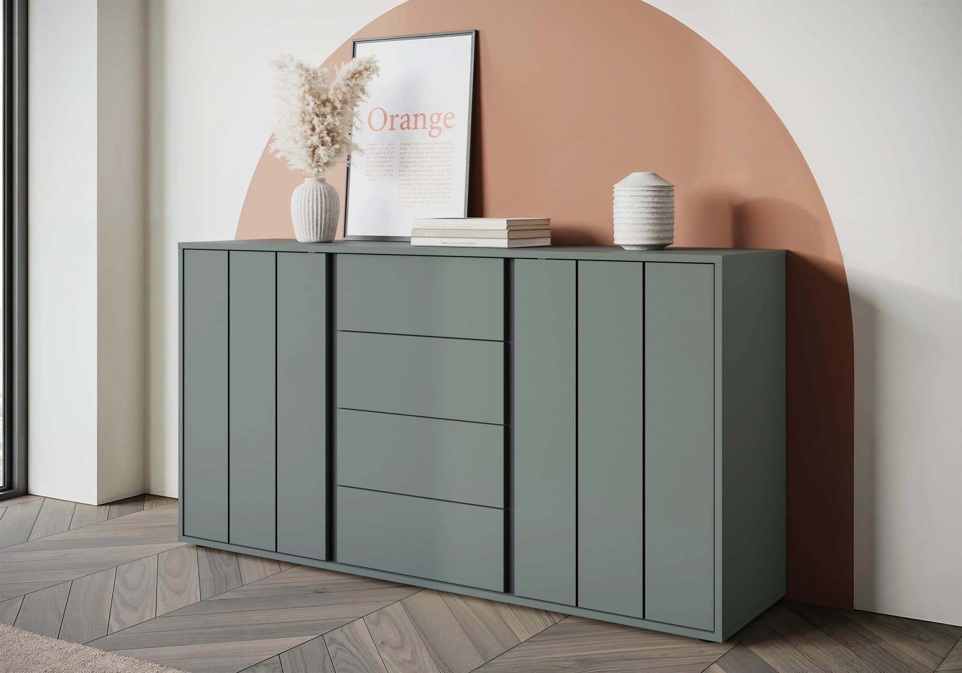 Sideboard HOME AFFAIRE VEDDEL Grau-Grün Melamin 4 Schubladen 2 Türen
